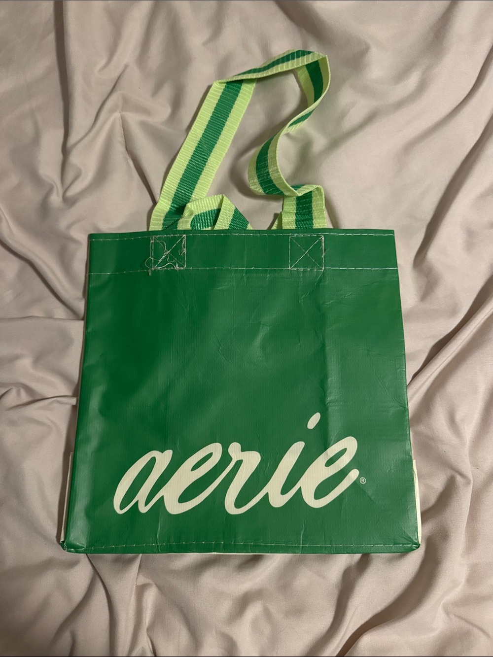 aerie Green Tote with Striped Lime Handles